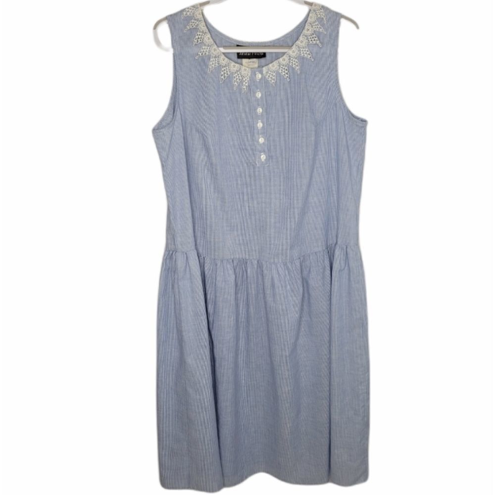 VINTAGE 80s sleeveless pinstripe drop waist lace collar midi dress volup 1X‎